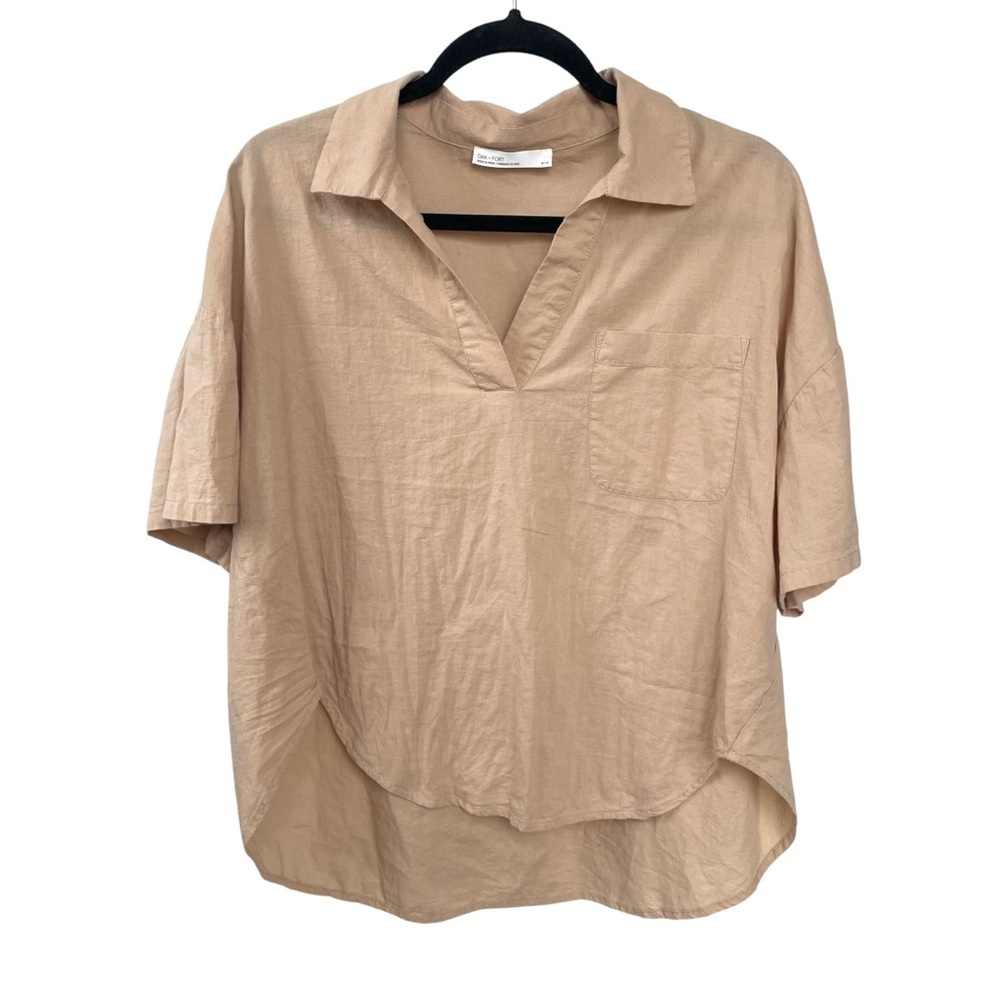 OAK + FORT Camel Cotton Oversized Popover Short Sleeve Blouse Medium
